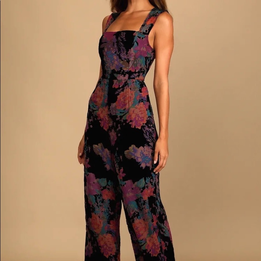 NWT Lulus Moody Vibes Black Burnout Velvet Floral Print Wide-Leg Jumpsuit